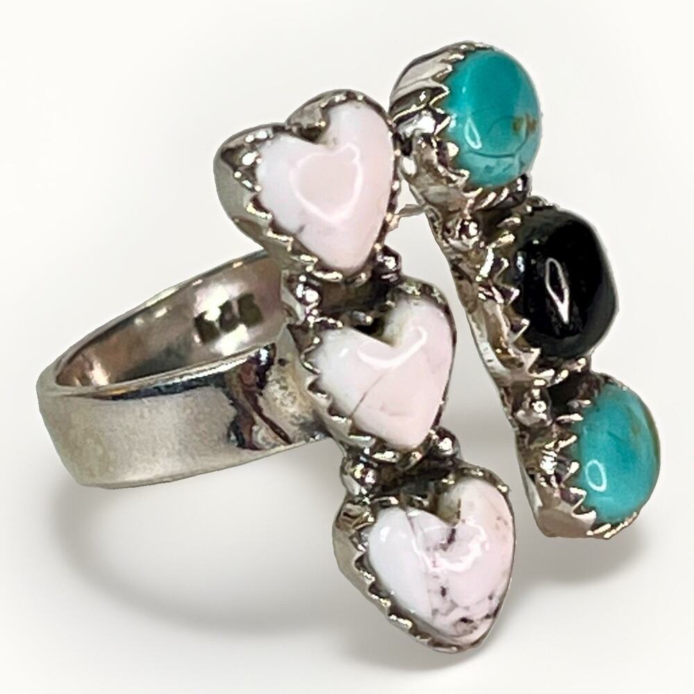 Mojave White Buffalo Turquoise & Onyx Sterling Silver Cluster Bypass Ring Adj Sz